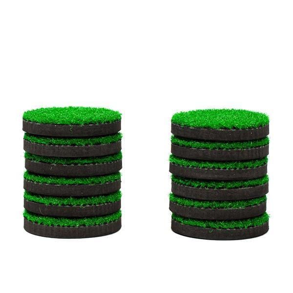An image of 12 turf hole covers for the PutterBall outdoor golf game.
